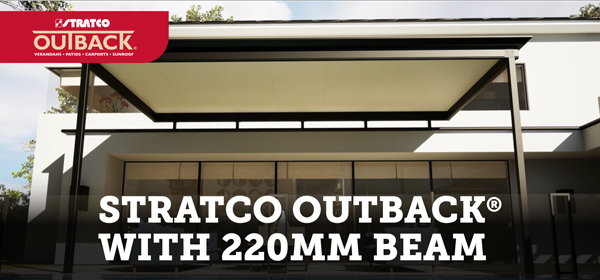 Stratco Outback with 220mm Beam text in front of a modern residential home